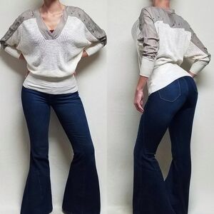 Rare Free People Vintage Cotton Silk Knit Colorblock Fitted Billowy V-neck Top